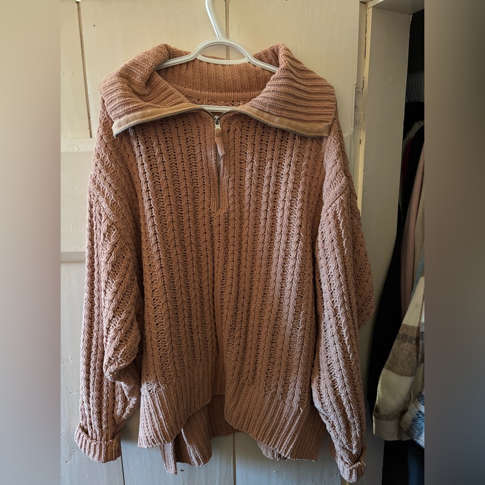 aerie Pink Cable Knit Half-Zip Turtleneck Sweater
